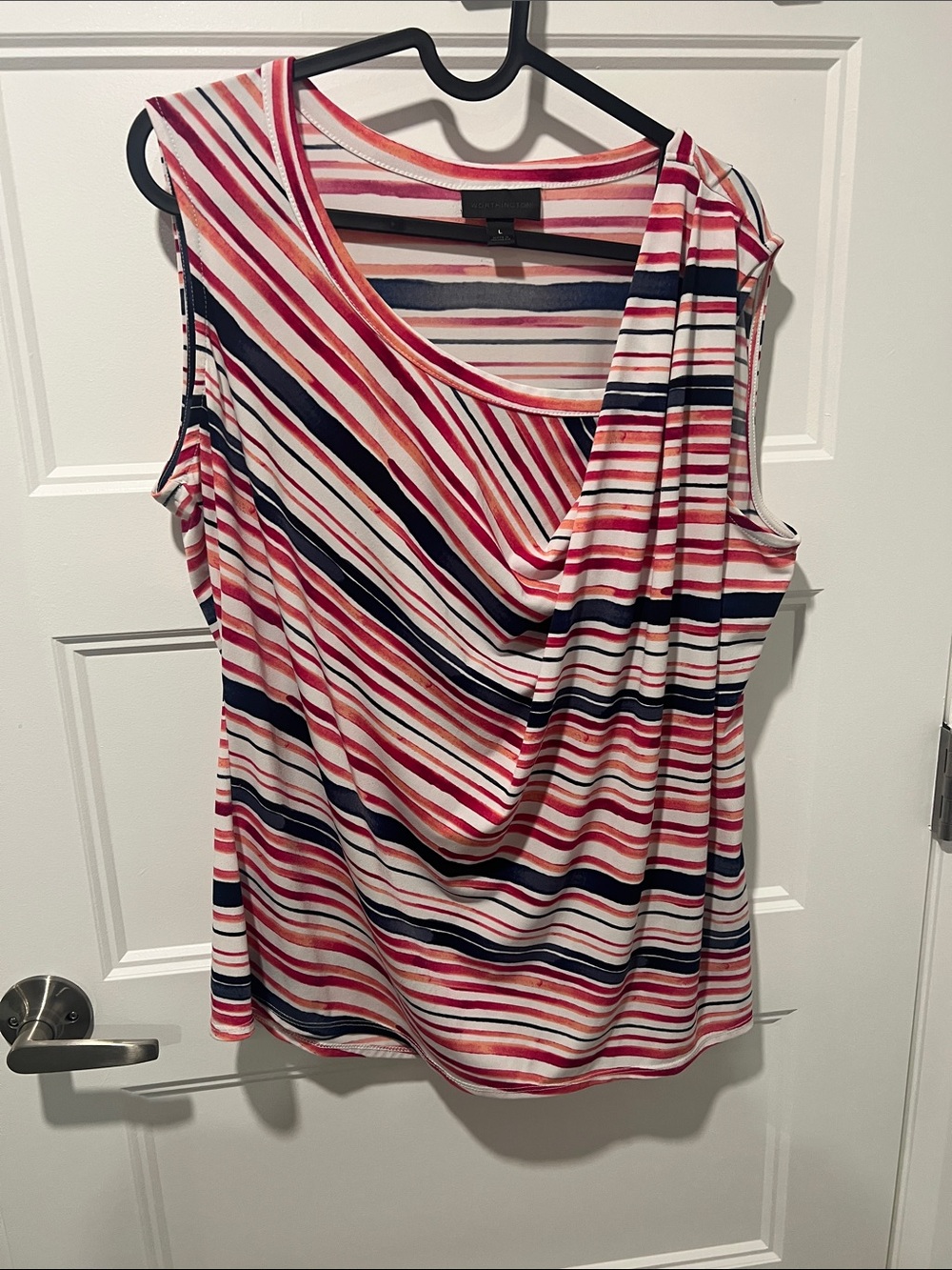 Worthington Pink, Navy & White Striped Drape Neck Tank